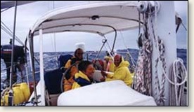 The crew in the cockpit, aboard Valkyrie in the middle of the Atlantic.