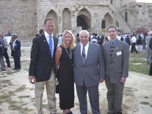 The president of Northern Cyprus, Rauf Denktas, poses with Valkyrie crew (Ryan Martell, Tamra Strentz and Jamie Osborne)
